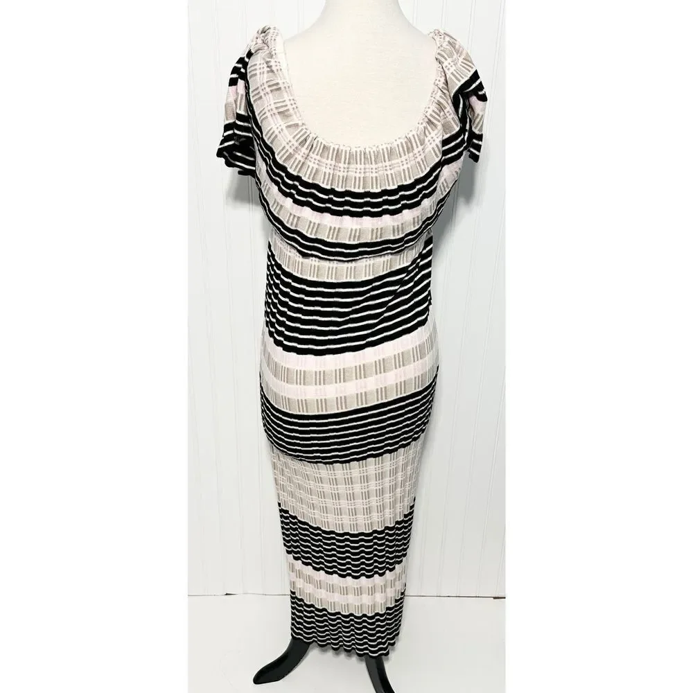 Free People Off Duty Striped‎ Off the Shoulder Midi Sweater Dress Tan Pink Large